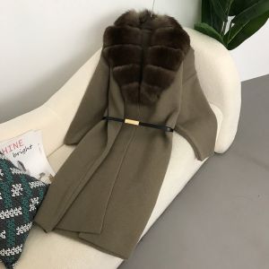 Áo Khoác Cardigan Dài Dày Dặn Nữ OFTBUY Mùa Thu Đông Phong Cách Lười Biếng Cổ Lông Cáo Màu Trơn Đơn Giản