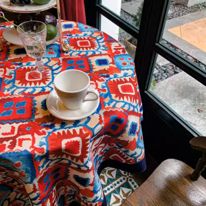 Retro American Ethnic Style Cotton Linen Tablecloth for Living Room Tea Table Small round Table Cover Artistic Luxury Feel
