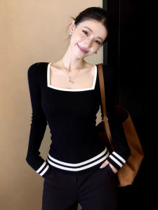 ZHILU | French Square Neck Stripe Knitted Sweater Slim Fit