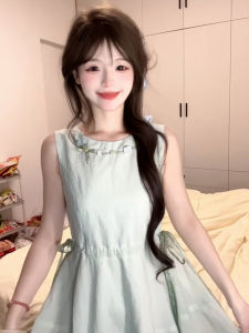ZHENMANZI | Đầm Dài Tự Tin Phong Cách Cho Kỳ Nghỉ Không Tay Màu Xanh Lá