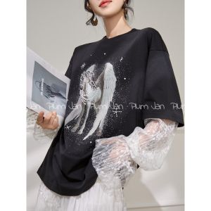 PlumJan | Flattering Age-reducing Summer Mesh Overlay Faux Two-piece Short Sleeve T-shirt