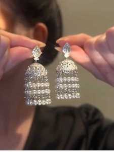 Ethnic Style Exotic Wind Chimes Bird Cage Earrings Pearl Tassel Earrings Palace Style Exaggerated Three-Dimensional Temperament Entry Lux Earrings