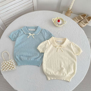 18M-7Y Kids T-shirt 2026 New Summer Hollow-out Ventilate Children Clothes Cute Bow Girls Knitted Tee