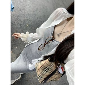 XIAOQIAOJIA | Elegant White Shirt Grey Strapless Dress Two-Piece Set Summer Loose Comfortable Style High Waist A-Line Skirt Commute Friendly