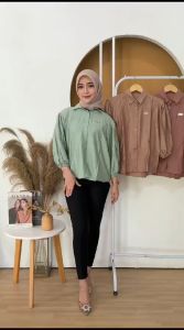 Reina Blouse Kemeja Baju Atasan Wanita Terbaru Kekinian Polo Linen