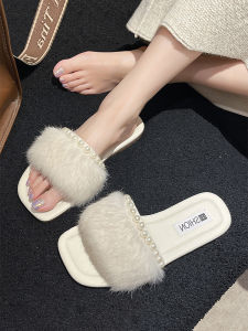 Fashionable Pearl Furry Flat Bottom Sandals Womens Summer Outdoor Wear New 2025 Fairy Style Slip-On French Style Thong Slippers