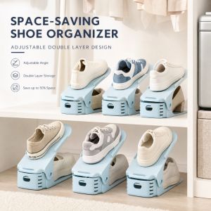 5pcs Shoe Organiser Plastic Adjustable Height Shoe Shelf Top and Bottom Compartment Design Save Space in Your Shoe Cabinet