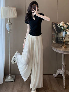 ชุดสองชิ้นสไตล์จีนใหม่สำหรับผู้หญิง แขนสั้น คอตั้ง กระโปรงทรงหลวมเอวสูง ผ้าไหมน้ำแข็ง ชุดแฟชั่นฤดูร้อน