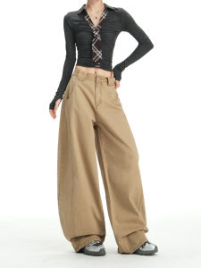American Style Vintage Khaki Work Pants Womens Loose Wide Leg Jeans Autumn New Design Sense Trousers with Pockets Cotton