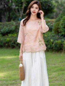 Floral Embroidered Cheongsam Blouse Cotton Linen