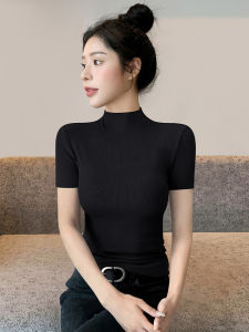 Black Half-High Collar Short Sleeve Knitted Base Shirt: A Pure Color Women's Summer Commute T-shirt