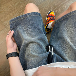 กางเกงขาสั้นยีนส์ลายดาวสำหรับผู้ชาย กางเกงขายาวทรงหลวมสบาย ๆ สำหรับฤดูร้อน สไตล์ฮิปฮอป ทรงหลวม กางเกงขายาวห้าส่วน