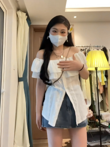 plus Size Womens White One-Shoulder Shirt Slimming Fit Pure Desire Style Summer New Arrival Korean Version Casual Shirt