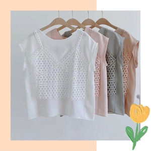 QDshop เสื้อยืดดีไซน์แบบใหม่ เสื้อยืดผสมกัก ครบจบในตัวเดียว ลวดลายฉลุ มีสีให้เลือกถึง 4 สี จะแมทซ์กับกางเกงตัวโปรด หรือ กระโปรงคู่ใจ ก็ไม่ควรพลาด