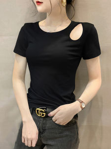 Áo Thun Cotton Cổ Tròn Tay Ngắn Cho Nữ Mùa Hè Thiết Kế Khoét Lỗ Ôm Vừa Vặn Thời Trang Bên Trong Màu Đen