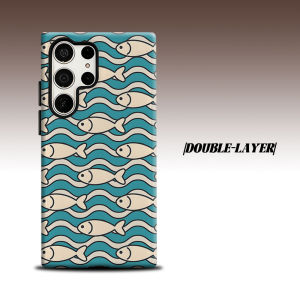 Wave Fish Cartoon Print For Samsung Galaxy S26 S25 S24 A56 A36 Dual Layer Luxury Fashion Full Lens Protective Case
