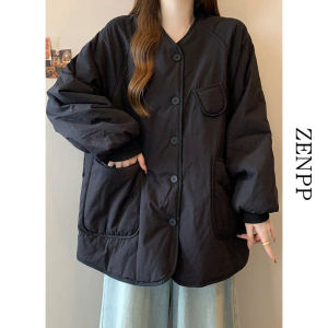 Lightweight Black down Cotton Jacket Womens Winter Coat Thirteen Rows Cotton Filled Sweet Style Loose Fit Long Sleeve