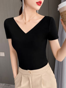 YIBOLI | Black V-Neck Fitted Short-Sleeve Tee