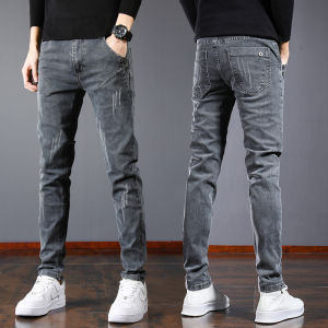 Slim Fit Grey Jeans Mens Thin Style Fashionable Long Pants High Elastic Cotton Polyester Blend Wear Resistant Youth Trend