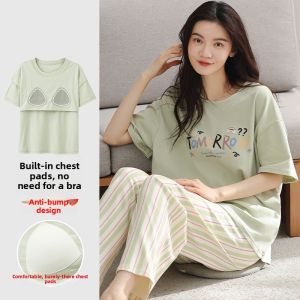 miiow | Pure Cotton Sleepwear Set With Chest Pad Womens Summer Thin Short Sleeve Shorts Cute Cartoon Home Clothes Outdoor Wearable