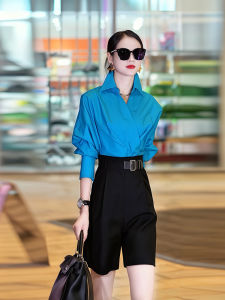 Unique Stylish Blue Shirt for Women Elegant High End Special Design Beautiful Top Early Autumn New Arrival Ladies Fashion