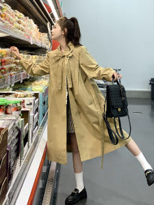 Khaki Korean Style Loose Womens Windbreaker with Embroidered Butterfly Knots Mid-Length College Style Coat for Autumn