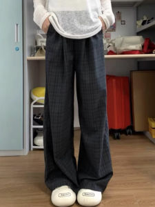 Quần Ống Đứng Kẻ Caro Màu Xám Rộng Rãi Cho Nam Phong Cách Retro Mỹ Quần Dài Thường Ngày Thoáng Khí Cạp Vừa Mùa Hè