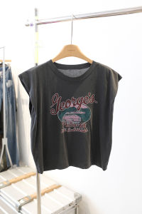 Thankskim Dongdaemun Washed Color Letter Loose Casual Sleeveless T-Shirt Womens Summer Cotton round Neck Short Sleeve Top