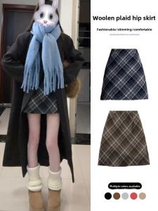 High Waist Plaid Wool Mini Skirt Womens Autumn Winter New Style A-Line Retro Slim Fit Half Body Skirt Commute Korean Style
