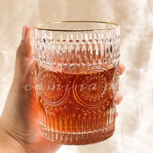 2pcs Embossed glass cup with gold rim 280ml or 340ml (sold in set)