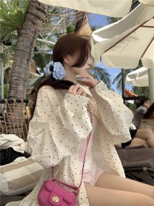 Loose Womens Long Sleeve Shirt Korean Style Polka Dot Design Spring Sweet Style Casual Inner Wear Split Outerwear Jacket