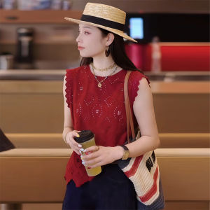 Shalldoer | Red Lace Trim Hollow Out Vest Shirt Womens Summer New Design Sensation Outerwear Sleeveless Top Fashionable Versatile Style