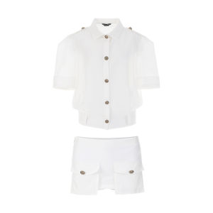 Wide Shoulder 3D Pockets Womens Silk Blended White Two-piece Set