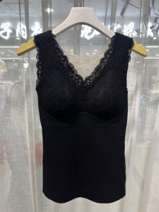 B4182 Cashmere Mulberry Silk Heattech Vest with Chest Pad Bra Female Silm Bottoming Shirt Self-Heating Lace V-neck
