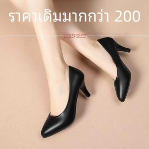 รองเท้าส้นกลางหนังแท้ทรงหัวแหลมสำหรับผู้หญิง รองเท้าทำงานส้นสูงป้องกันการลื่น สวมใส่สบาย สไตล์เกาหลี รองเท้าส้นแบน
