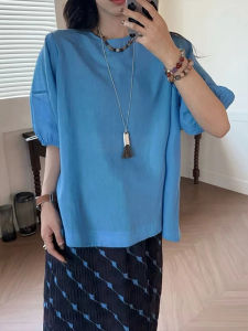 BINKAFENNY | เสื้อเชิ้ตแขนพองหลวมๆ สีน้ำเงิน คอกลม สำหรับผู้หญิง ทรงหลวมๆ ปกปิดหน้าท้อง ทรงหลวมๆ สำหรับผู้หญิงไซส์ใหญ่