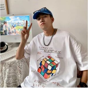 8XL Korean loose fitting new fashion trend American retro cube print T-shirt cotton casual mens multifunctional couple set