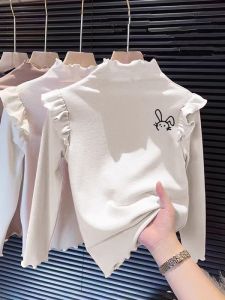 Girls T-Shirt with Wood Grain Ruffle Half High Collar Fleece Lined Inner Wear Velvet Casual Loose Fit Long Sleeve Childrens Top