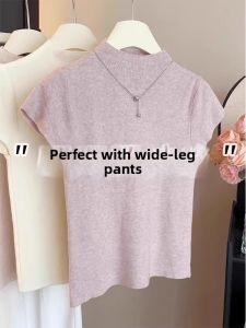 Aesthetic Pink-purple Semi-high Collar Knitted Top Short Sleeve Fitting Flutter Sleeve