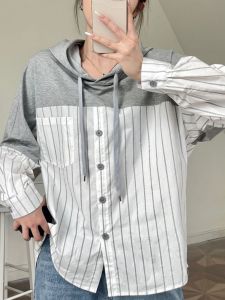 เสื้อสเวตเตอร์มีฮู้ดแบบมีฮู้ดสไตล์เกาหลีสำหรับผู้หญิงในฤดูใบไม้ร่วงปี 2024 เสื้อเชิ้ตแบบแยกชิ้นสองชิ้นแบบแฟชั่นสไตล์เกาหลี