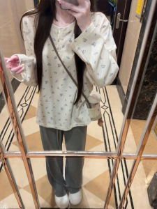 XIANGBAIWEI | Korean-style Floral Henley Neck T-shirt