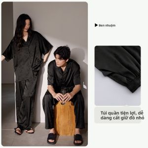 yuenei | Bộ đồ ngủ lụa băng mùa hè cho cặp đôi Váy ngủ tay ngắn Quần dài Áo choàng cổ bẻ thoáng khí thoải mái cho thanh thiếu niên