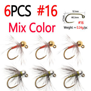 Bimoo 6pcs #12# 14 #16 Tungsten Bead Head Grizzly Hackle Jig Nymph Fly Fast Sinking Barbed Wet Euro Nymph Fly Trout Fishing Lure