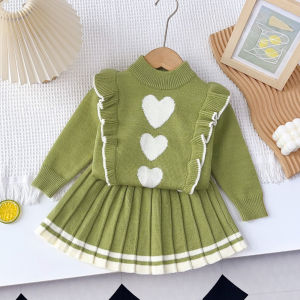 Gấu lãnh đạo mùa thu bé gái bộ quần áo ngọt ngào thời trang in hình tình yêu nấm cạnh spliced áo len + váy xếp ly 2-mảnh Giáng sinh phù hợp với mùa đông ấm áp cô gái năm mới sinh nhật quần áo dự tiệc trẻ em dệt kim trang phục