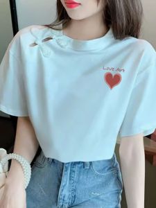 New Chinese Style Womens Short Sleeve T-Shirt White Loose Design Summer Fashion Top Shoulder Width Regular Length Korean Style