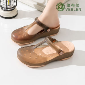 Veblen Ladies Summer Anti-Slip Thick Bottom Sandals Soft Bottom Toe Covering Clog Shoes Jelly Shoes Outdoor Wear Casual Slip-On Flats