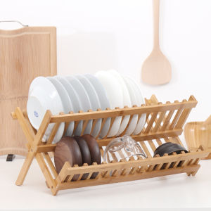 Yo-Fun Dish Rack Natural Bamboo Double Layer Foldable Drain Rack for Kitchen Drying Flatware Plates Bowls Kitchen Supplies Sink Shelf Storage Rack