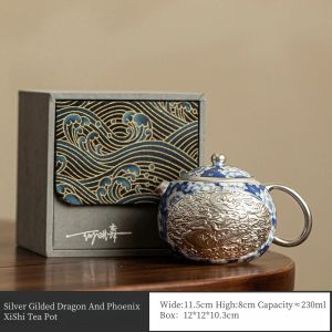 230ml Master He Fusen Hand Made Silver Gilded Dragon And Phoenix XiShi Tea Pot Silvering Tea Set Blue&White KungFu Tea Set