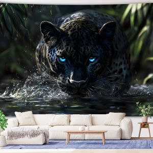 1pc Extra Large Leopard in Water Landscape Photo Backdrop Tapestry Vibrant Wall Hanging with Blue-Green Leopard Design
