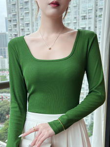 French Square Collar Bottoming Shirt Womens Black Threaded Long Sleeve Fall Niche Style Chic T-Shirt Slim Fit Inner Wear Western Style Top